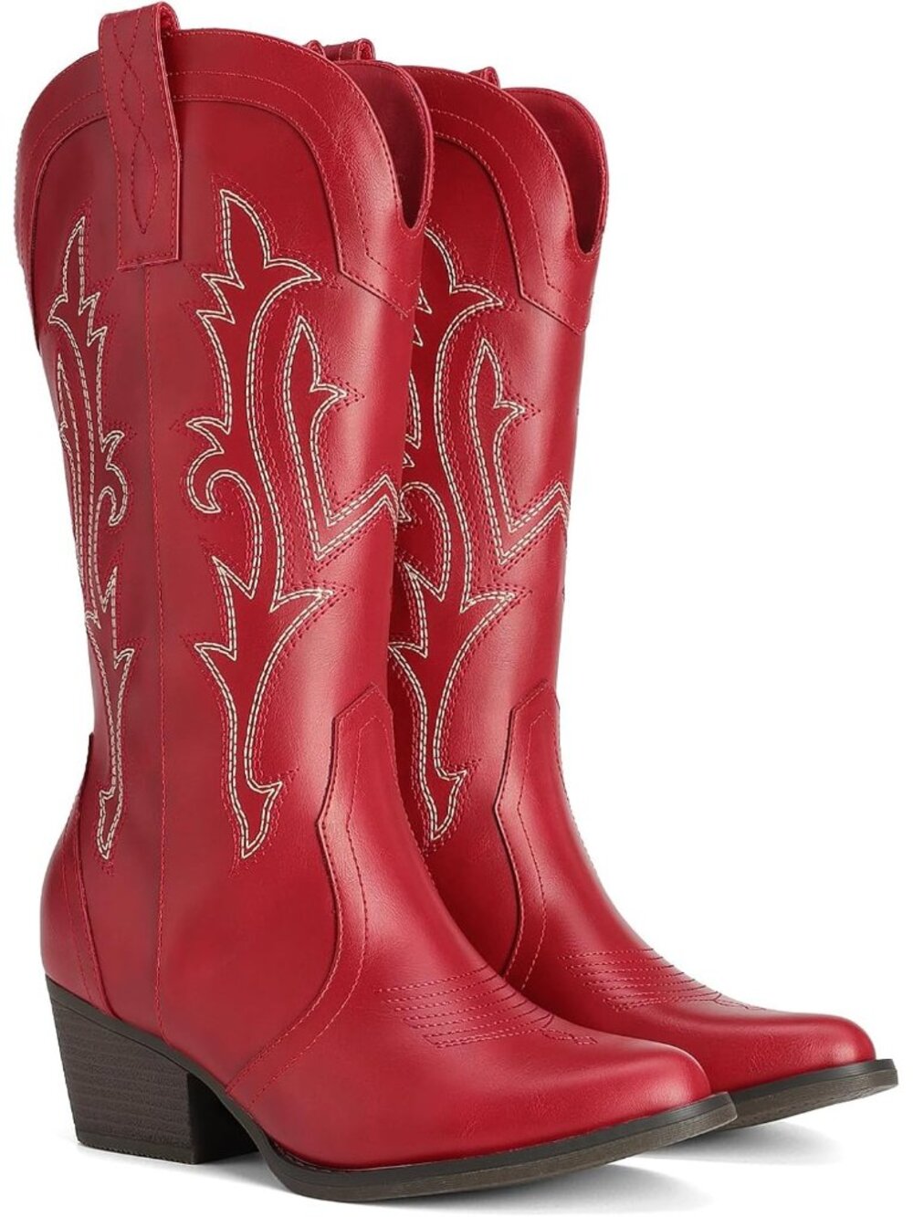 Women's Red Faux Leather Embroidered Pointed Toe Low Heel Western Cowgirl Boots - Picture 5 of 7